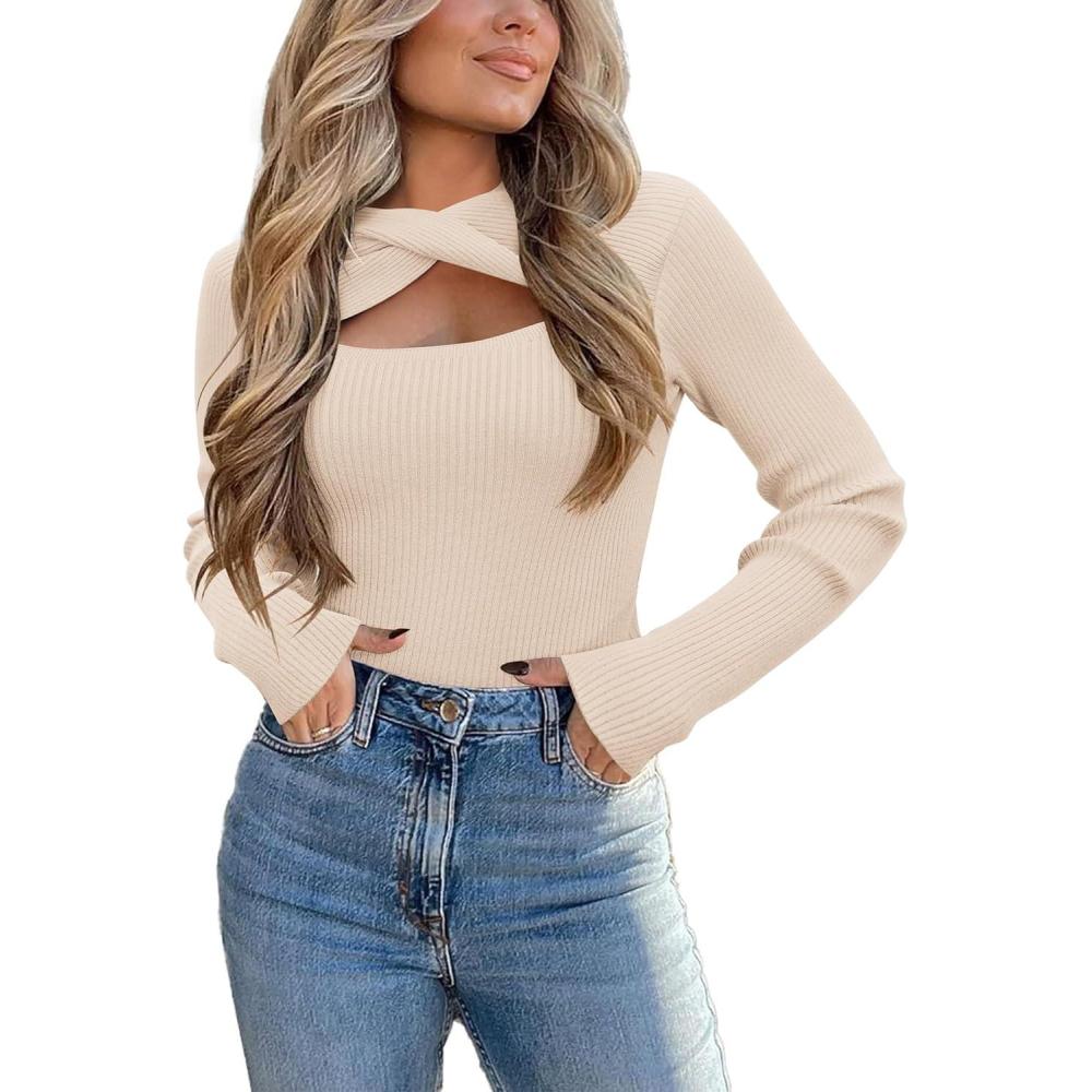 imageZeagoo Sweaters for Women 2026 Knit Trendy Long Sleeve Lightweight Slim Fit Pullover Cutout Tops SXXLCoffee
