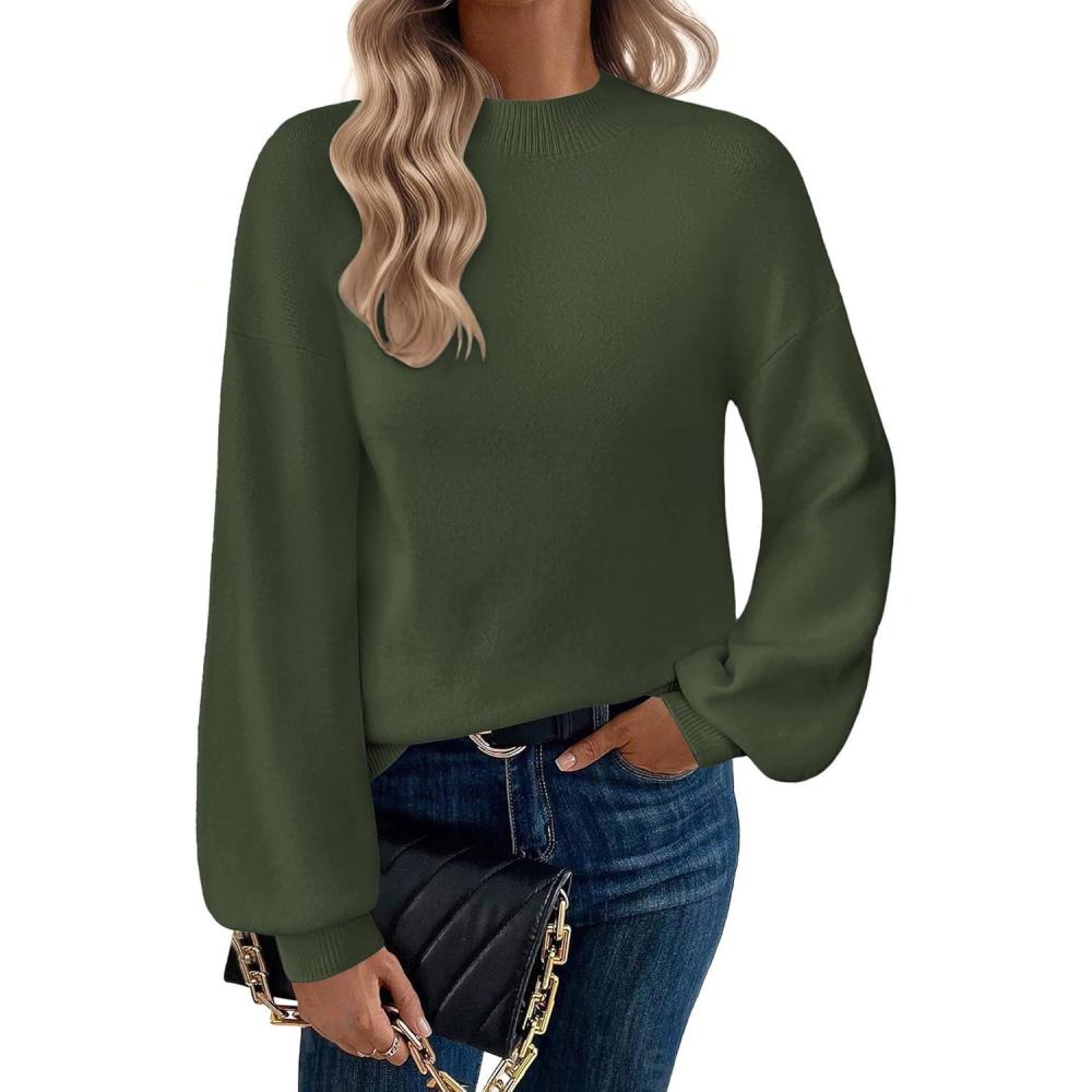 imageZeagoo Sweaters for Women Fall Fashion 2025 Trendy Long Sleeve Turtleneck Pullover Lantern Knit Sweater TopsArmy Green
