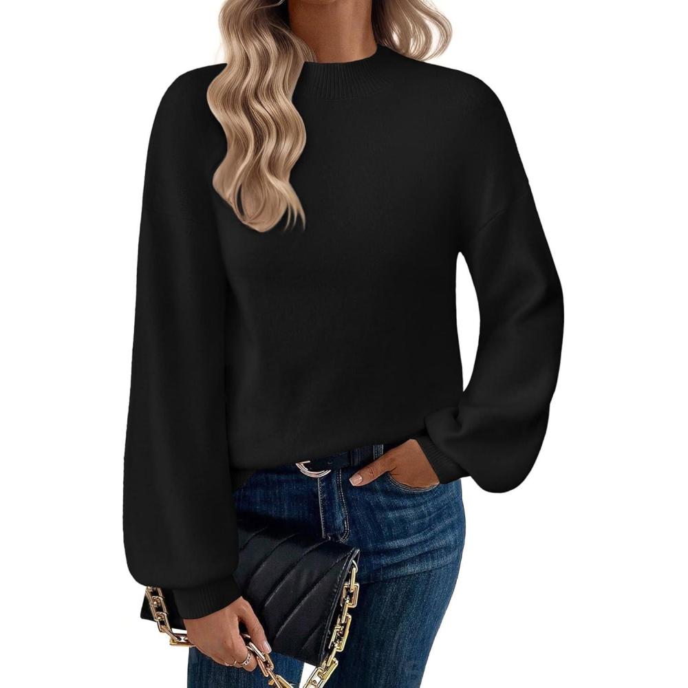 imageZeagoo Sweaters for Women Fall Fashion 2025 Trendy Long Sleeve Turtleneck Pullover Lantern Knit Sweater TopsBlack