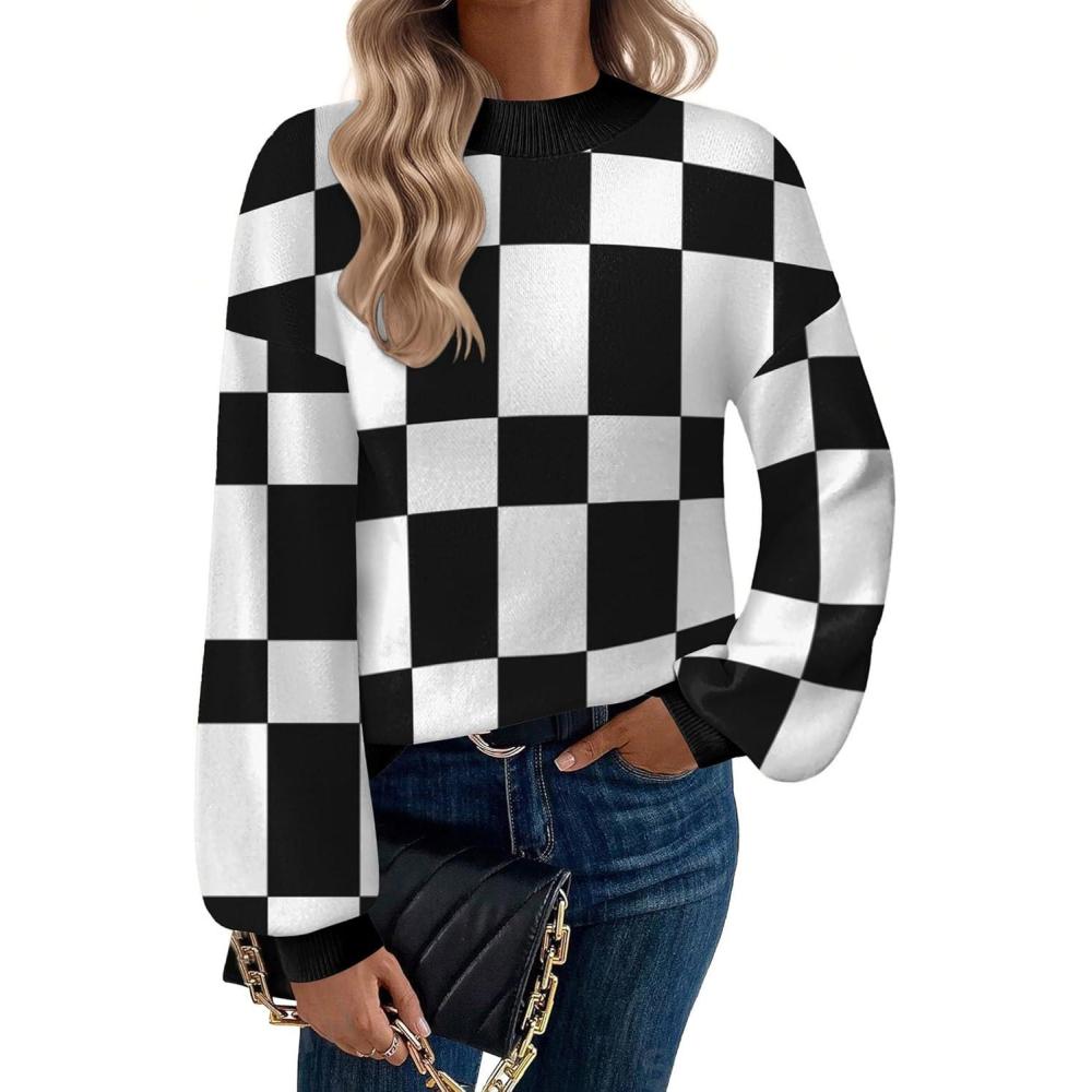 imageZeagoo Sweaters for Women Fall Fashion 2025 Trendy Long Sleeve Turtleneck Pullover Lantern Knit Sweater TopsBlackplaid