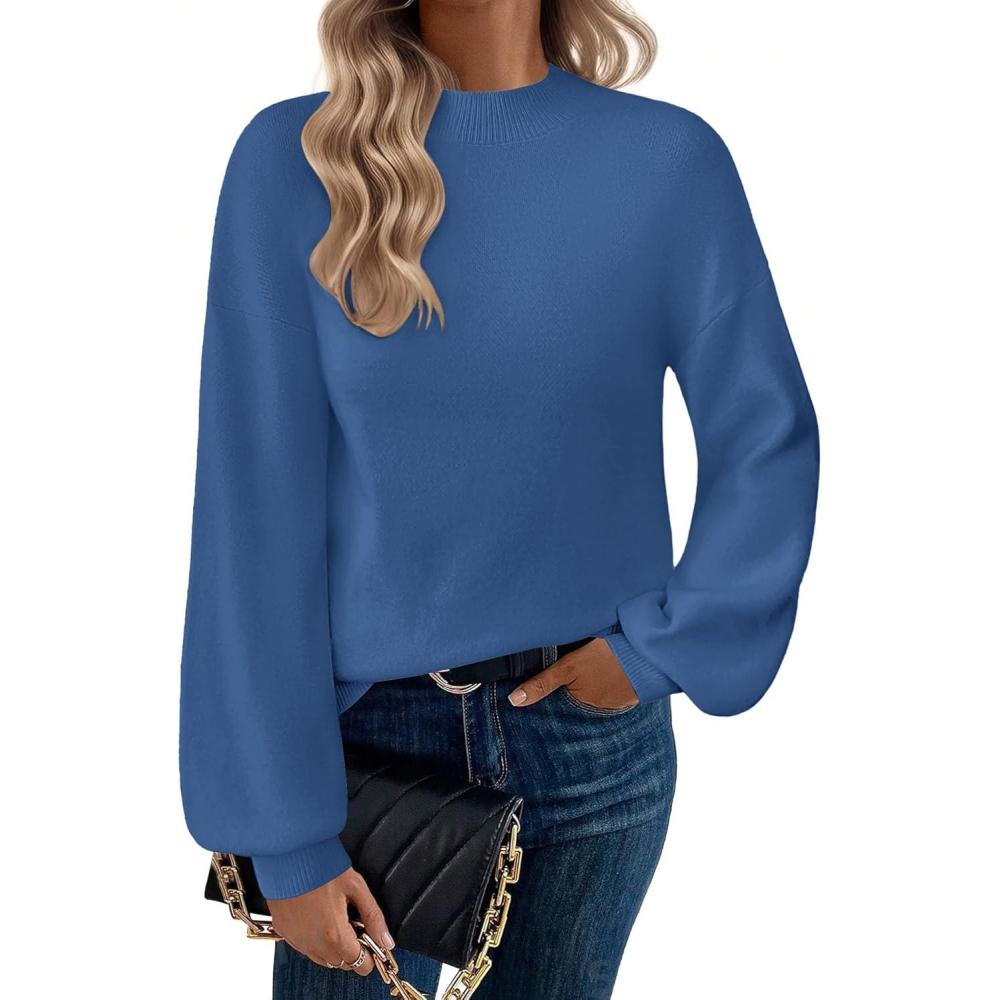 imageZeagoo Sweaters for Women Fall Fashion 2025 Trendy Long Sleeve Turtleneck Pullover Lantern Knit Sweater TopsBlue