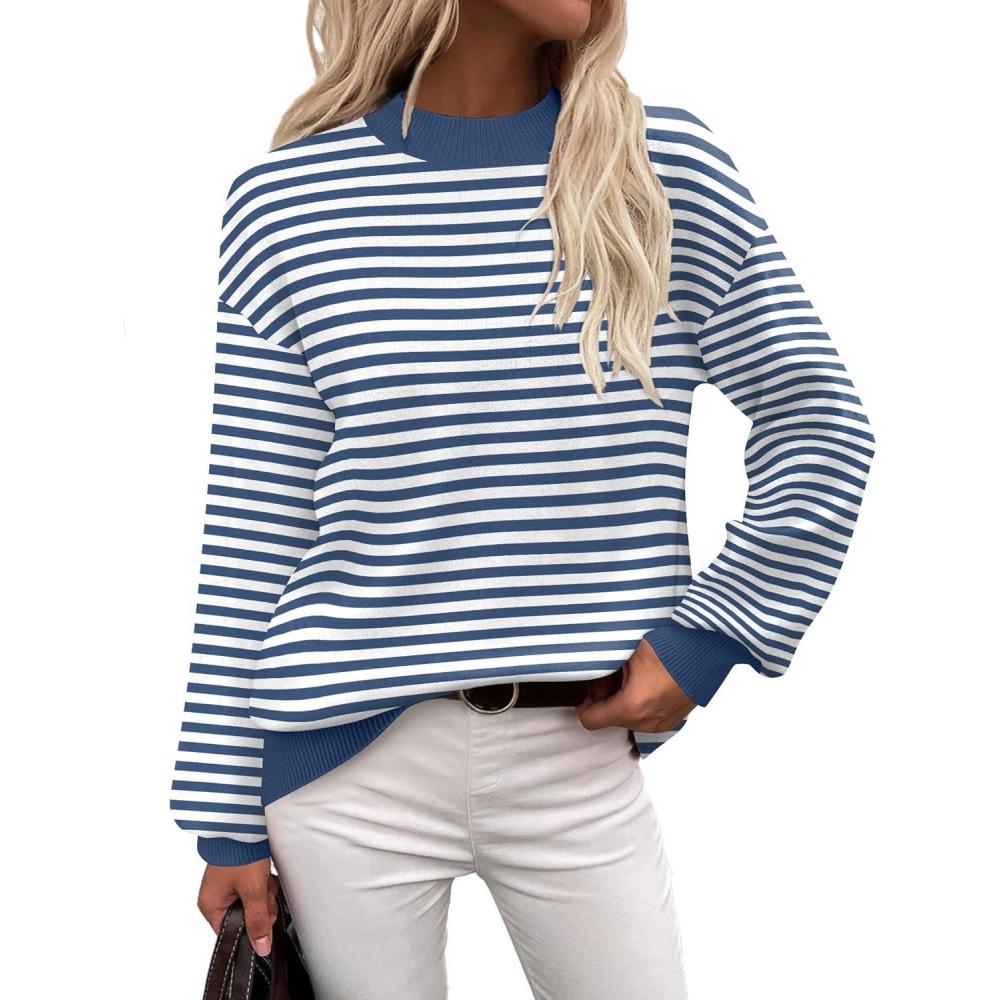 imageZeagoo Sweaters for Women Fall Fashion 2025 Trendy Long Sleeve Turtleneck Pullover Lantern Knit Sweater TopsBlue White