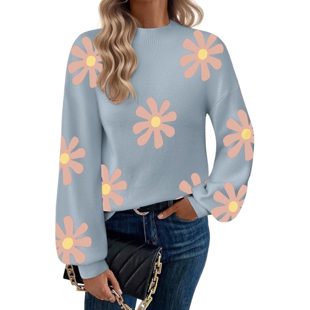 imageZeagoo Sweaters for Women Fall Fashion 2025 Trendy Long Sleeve Turtleneck Pullover Lantern Knit Sweater TopsBlueflower