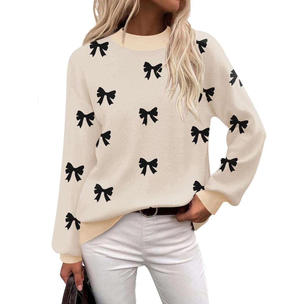 imageZeagoo Sweaters for Women Fall Fashion 2025 Trendy Long Sleeve Turtleneck Pullover Lantern Knit Sweater TopsBow Black