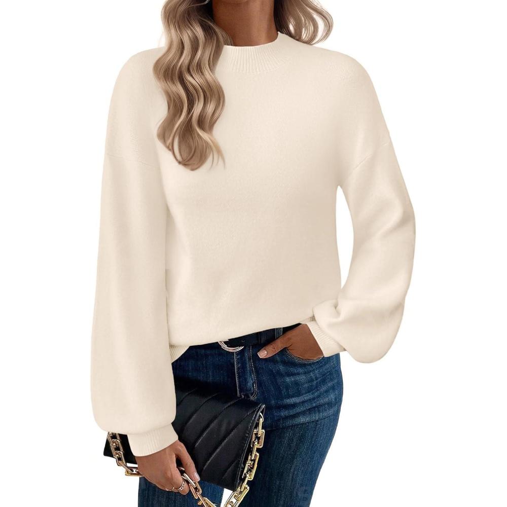 imageZeagoo Sweaters for Women Fall Fashion 2025 Trendy Long Sleeve Turtleneck Pullover Lantern Knit Sweater TopsCream