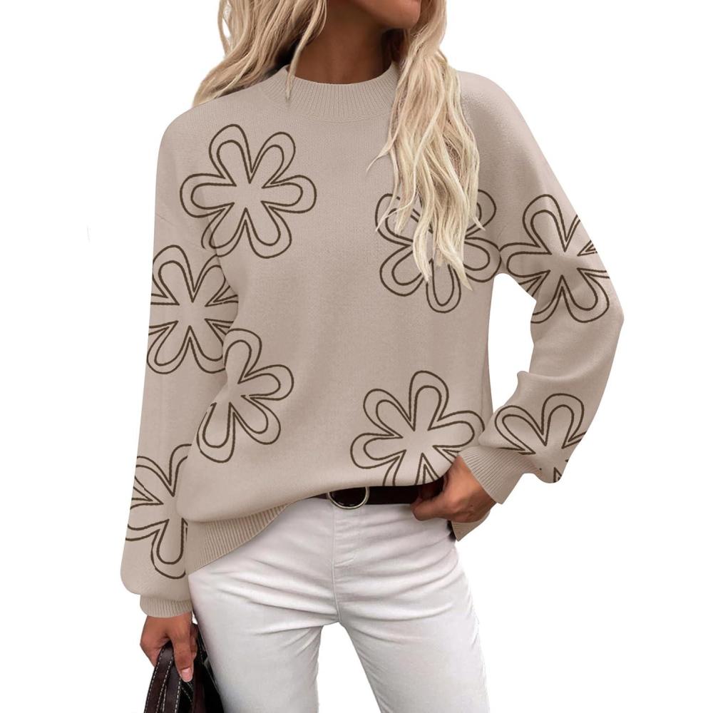 imageZeagoo Sweaters for Women Fall Fashion 2025 Trendy Long Sleeve Turtleneck Pullover Lantern Knit Sweater TopsFlower Khaki