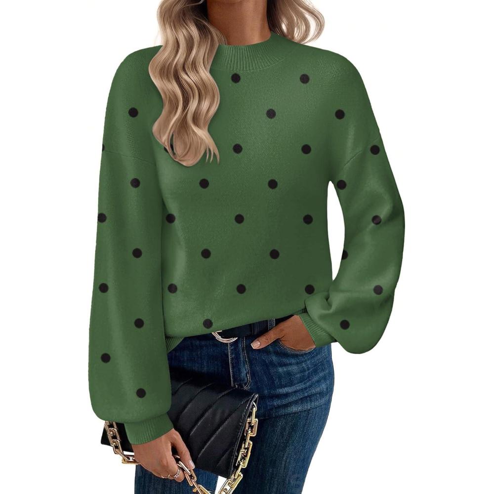 imageZeagoo Sweaters for Women Fall Fashion 2025 Trendy Long Sleeve Turtleneck Pullover Lantern Knit Sweater TopsGreen Polka Dot
