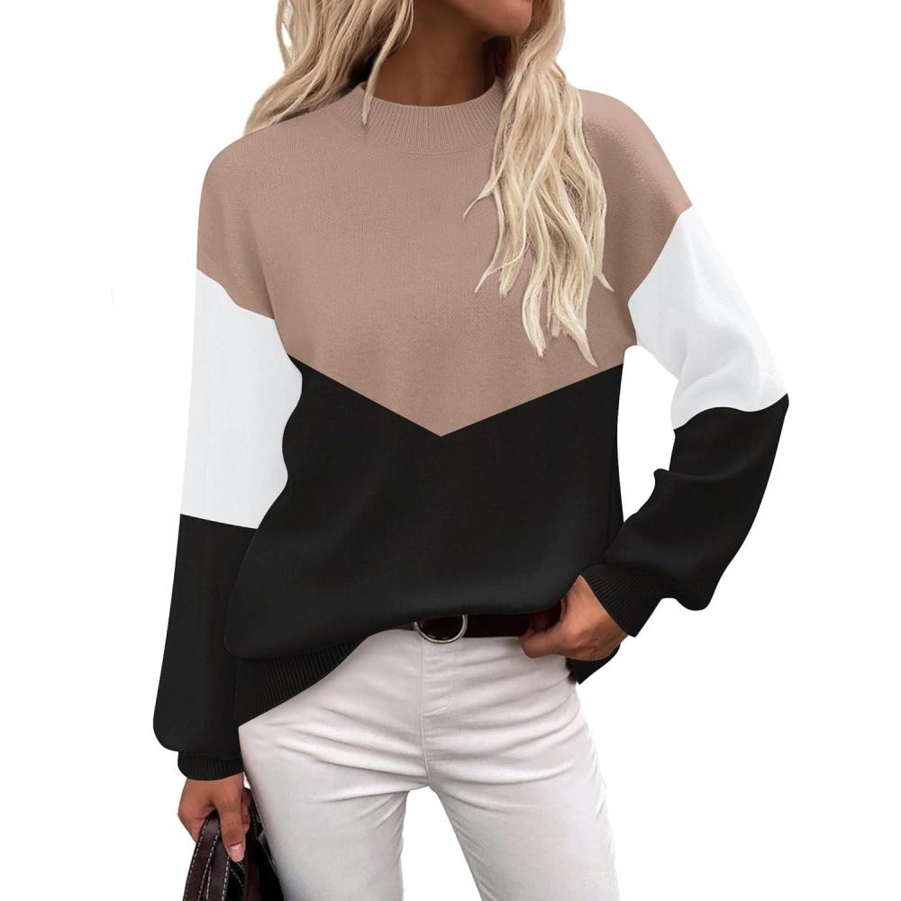imageZeagoo Sweaters for Women Fall Fashion 2025 Trendy Long Sleeve Turtleneck Pullover Lantern Knit Sweater TopsKhaki Black