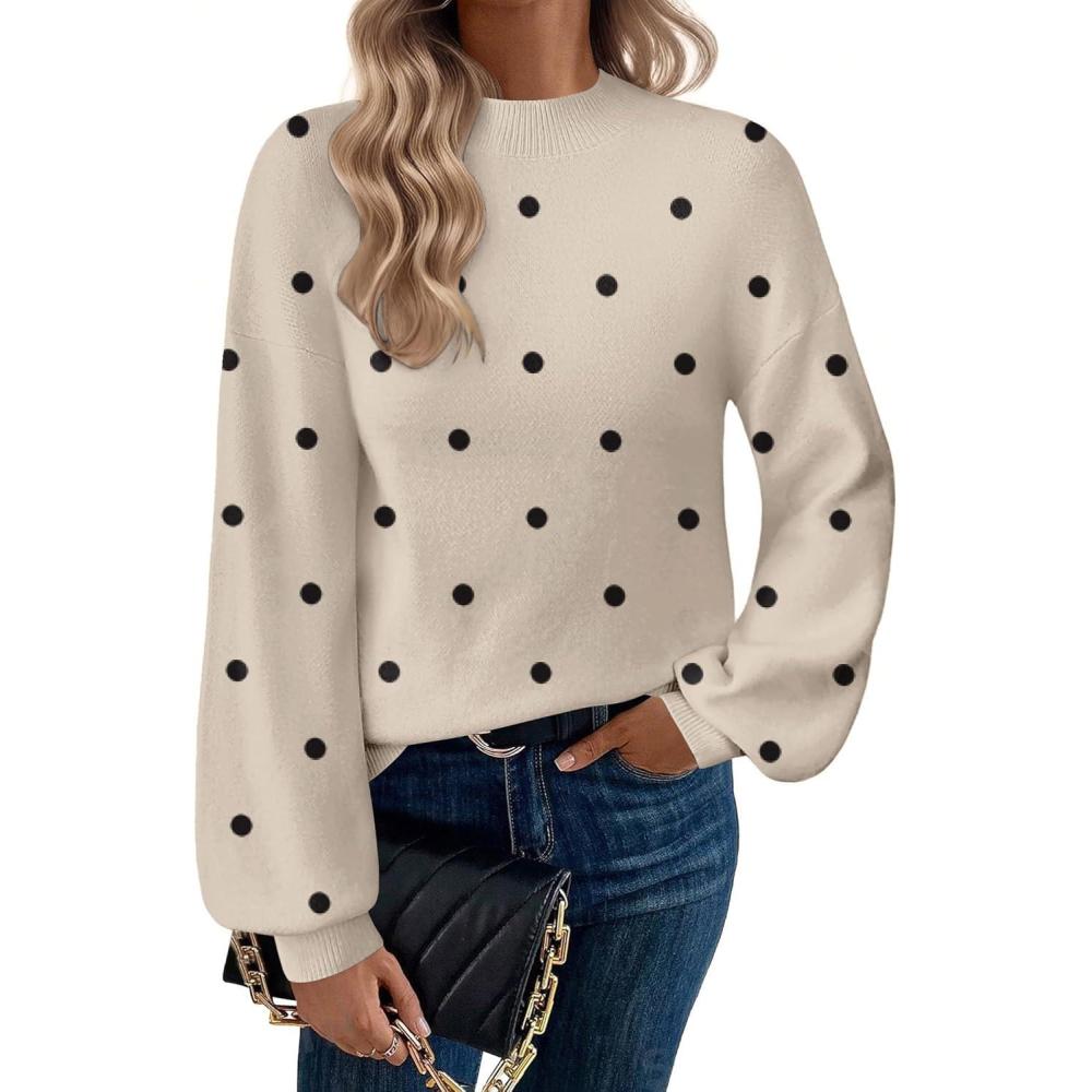 imageZeagoo Sweaters for Women Fall Fashion 2025 Trendy Long Sleeve Turtleneck Pullover Lantern Knit Sweater TopsKhaki Polka Dot