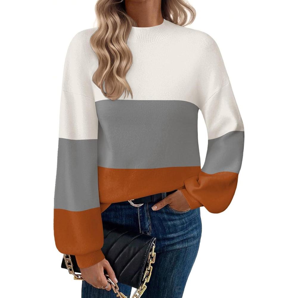 imageZeagoo Sweaters for Women Fall Fashion 2025 Trendy Long Sleeve Turtleneck Pullover Lantern Knit Sweater TopsOrange Striped
