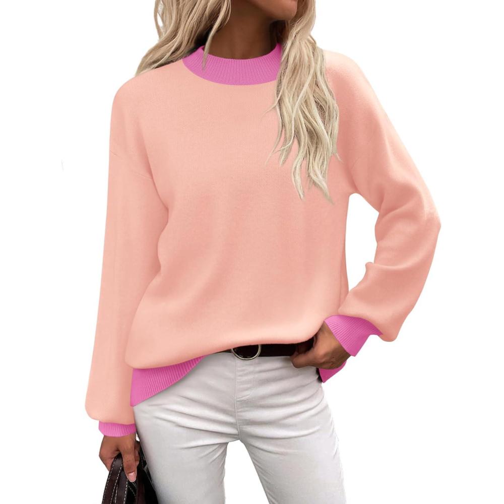 imageZeagoo Sweaters for Women Fall Fashion 2025 Trendy Long Sleeve Turtleneck Pullover Lantern Knit Sweater TopsPink
