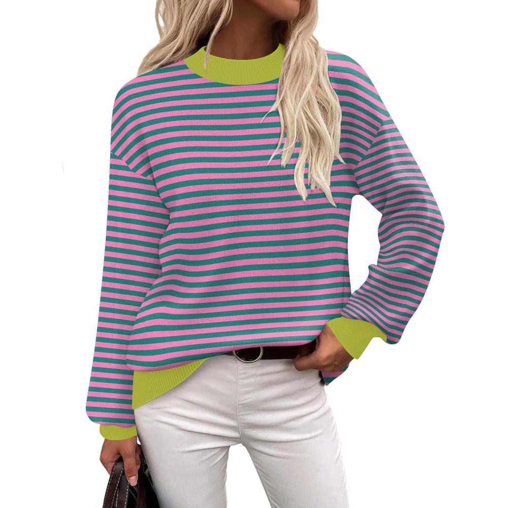 imageZeagoo Sweaters for Women Fall Fashion 2025 Trendy Long Sleeve Turtleneck Pullover Lantern Knit Sweater TopsPink Striped