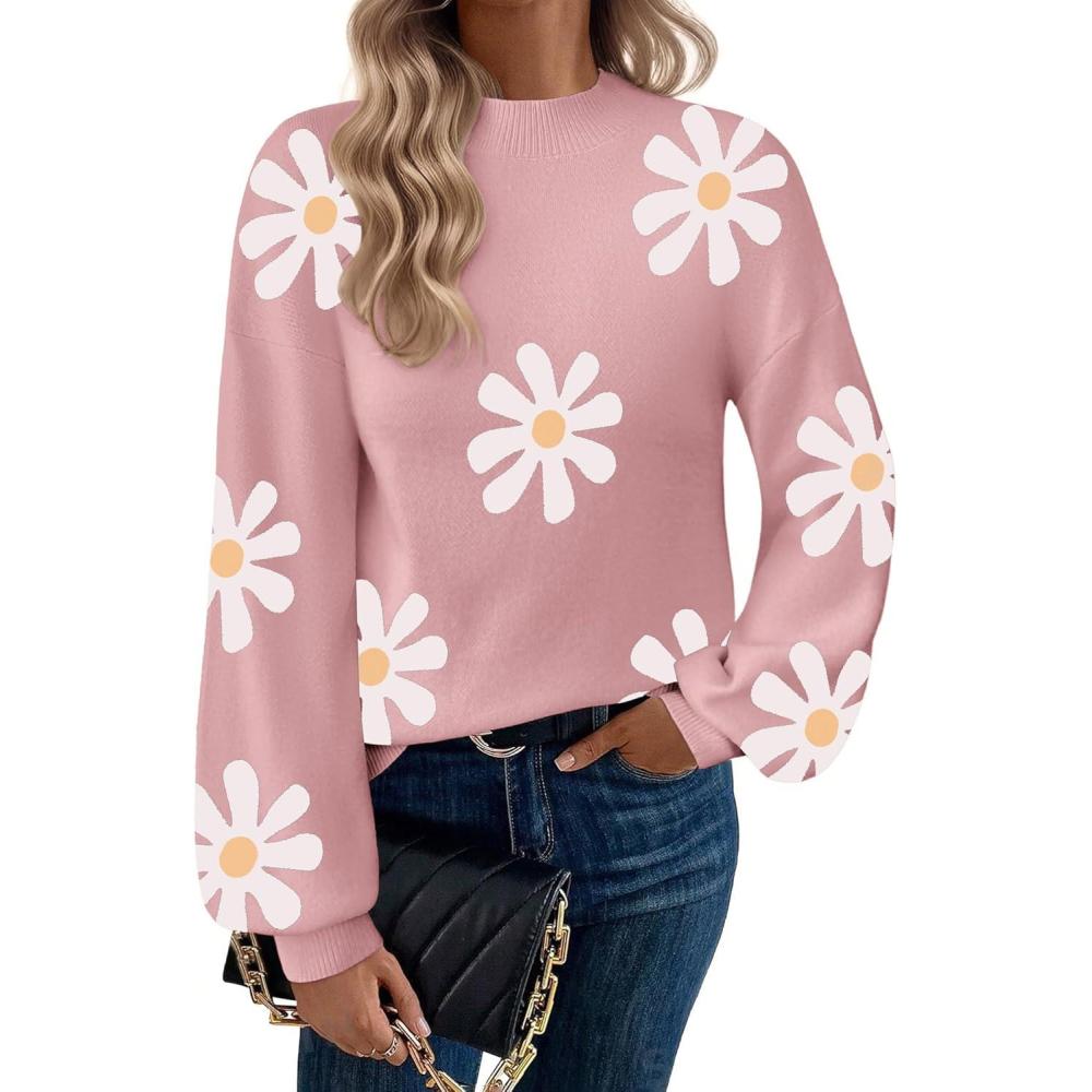imageZeagoo Sweaters for Women Fall Fashion 2025 Trendy Long Sleeve Turtleneck Pullover Lantern Knit Sweater TopsPinkflower