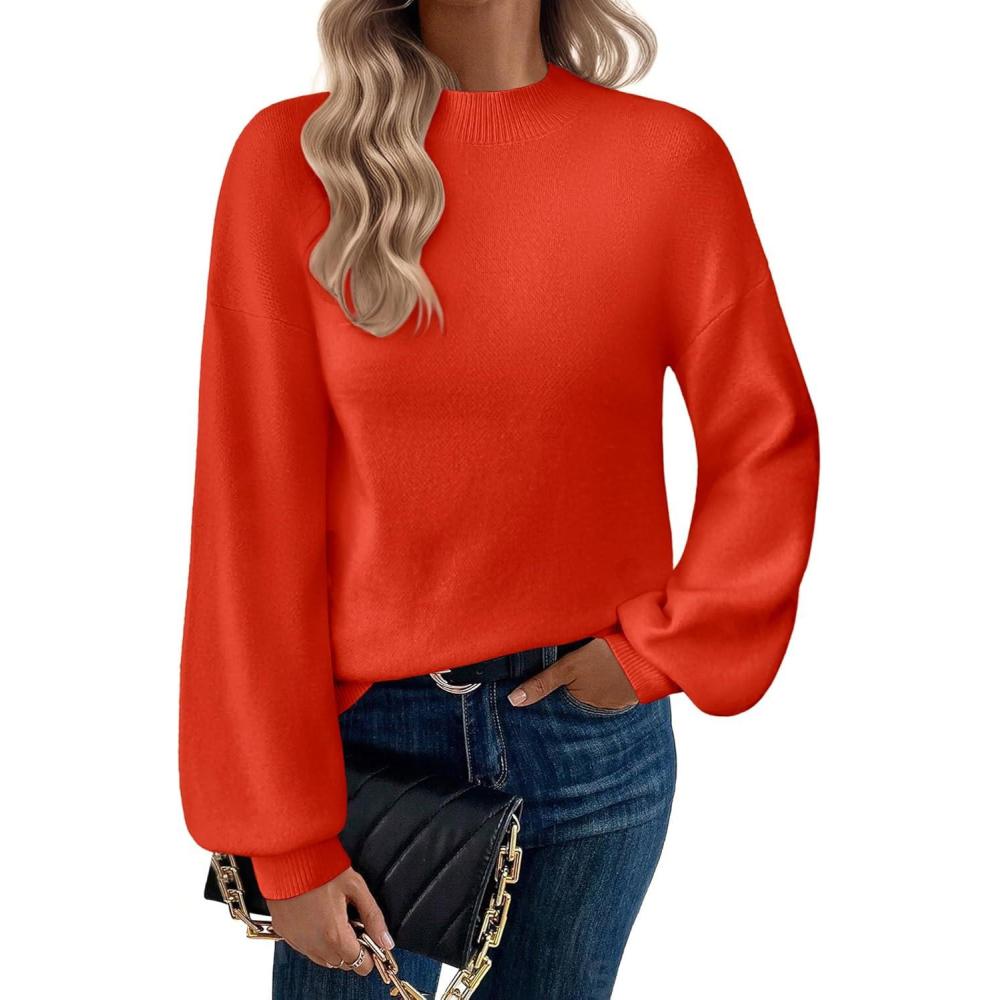 imageZeagoo Sweaters for Women Fall Fashion 2025 Trendy Long Sleeve Turtleneck Pullover Lantern Knit Sweater TopsTomato Red