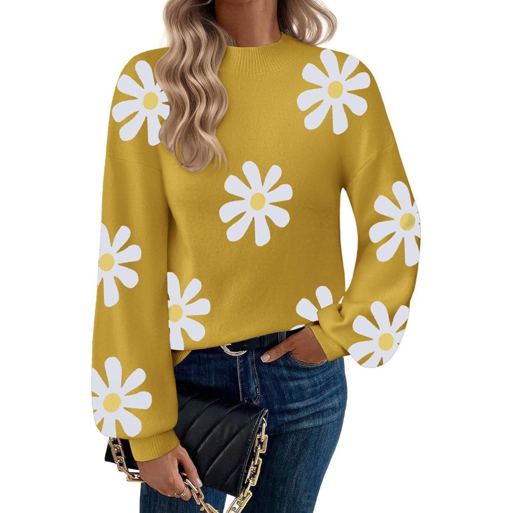 imageZeagoo Sweaters for Women Fall Fashion 2025 Trendy Long Sleeve Turtleneck Pullover Lantern Knit Sweater TopsYellowflower