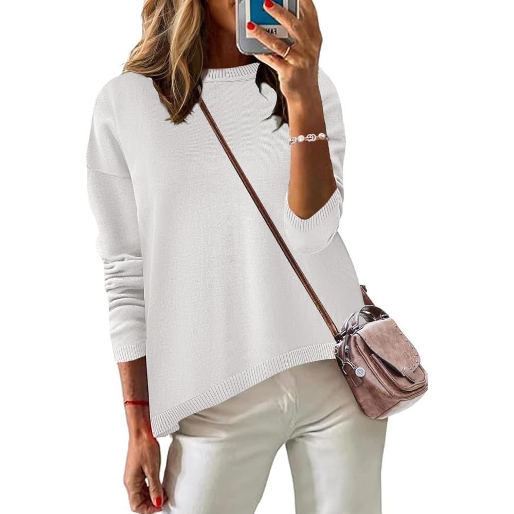 imageZeagoo Sweaters for Women Fall Outfits Trendy 2025 Long Sleeve Shirts Bussiness Casual Knit Pullover Sweater TopsBsolid White Long Sleeve
