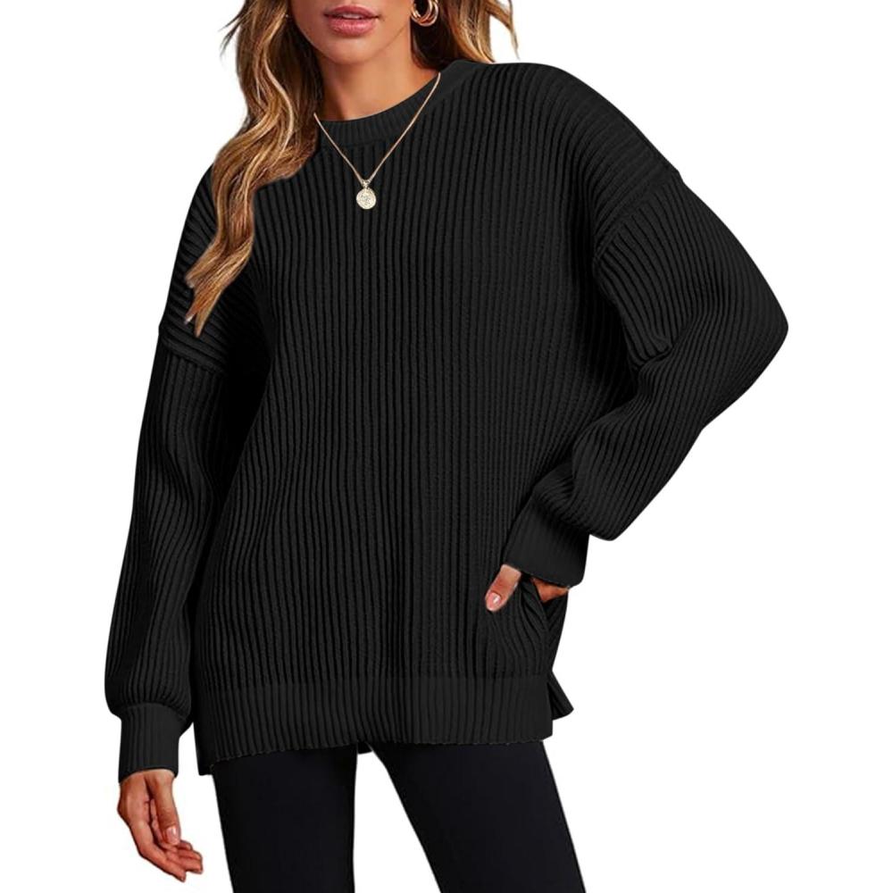 imageZeagoo Women 2026 Fall Lightweight Oversized Sweater Crew Neck Long Sleeve Color Block Pullover Rib Knit Blouse Tops XS2XLAll Black