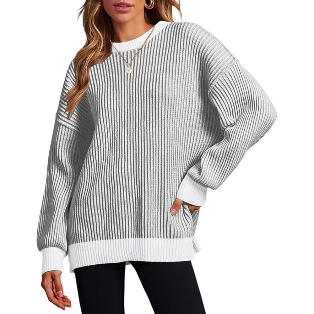 imageZeagoo Women 2026 Fall Lightweight Oversized Sweater Crew Neck Long Sleeve Color Block Pullover Rib Knit Blouse Tops XS2XLBlack