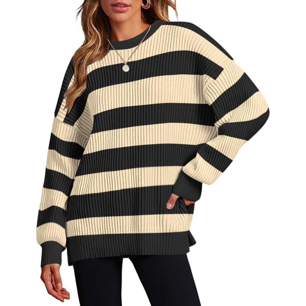 imageZeagoo Women 2026 Fall Lightweight Oversized Sweater Crew Neck Long Sleeve Color Block Pullover Rib Knit Blouse Tops XS2XLBlack Apricot Stripe