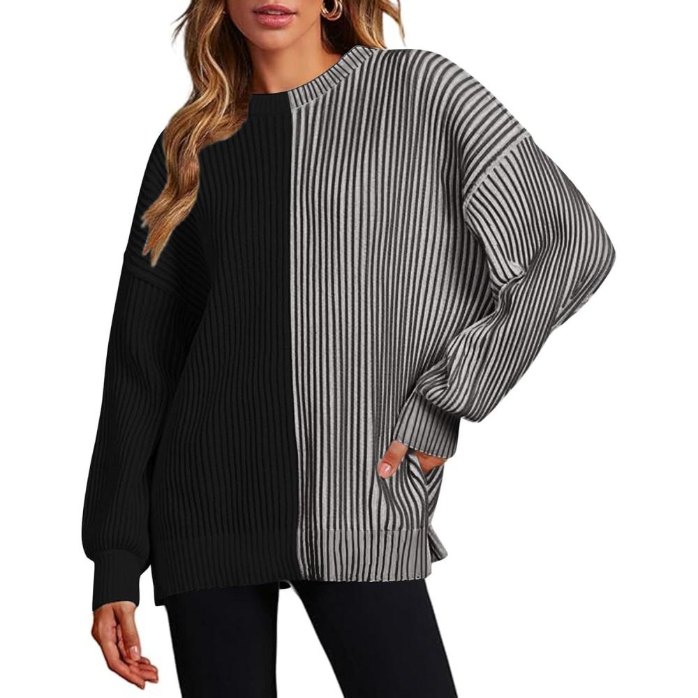 imageZeagoo Women 2026 Fall Lightweight Oversized Sweater Crew Neck Long Sleeve Color Block Pullover Rib Knit Blouse Tops XS2XLBlack Gray
