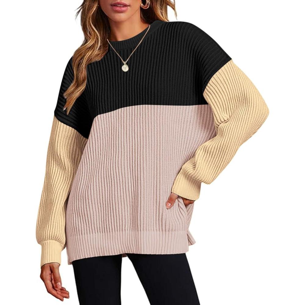 imageZeagoo Women 2026 Fall Lightweight Oversized Sweater Crew Neck Long Sleeve Color Block Pullover Rib Knit Blouse Tops XS2XLBlack Pink