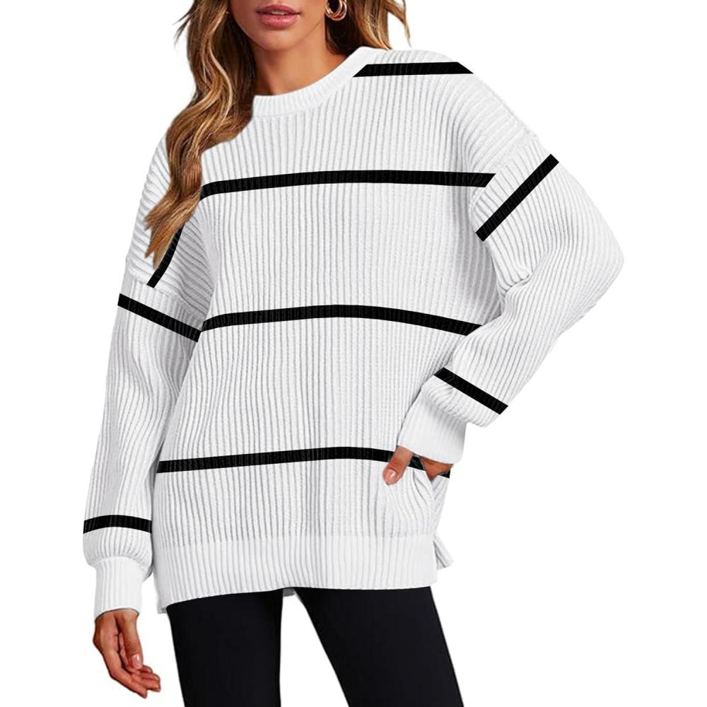 imageZeagoo Women 2026 Fall Lightweight Oversized Sweater Crew Neck Long Sleeve Color Block Pullover Rib Knit Blouse Tops XS2XLBlack Striped White Color Blocked