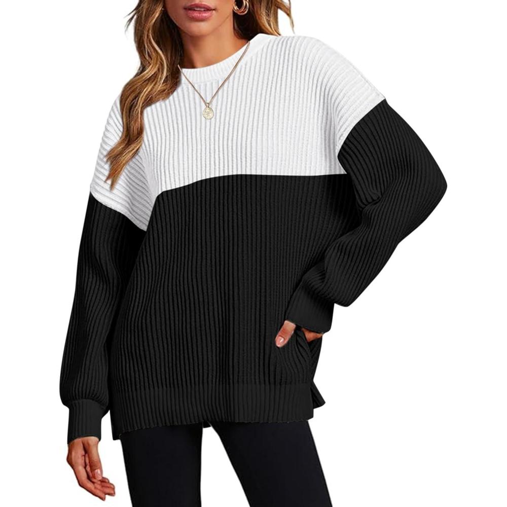 imageZeagoo Women 2026 Fall Lightweight Oversized Sweater Crew Neck Long Sleeve Color Block Pullover Rib Knit Blouse Tops XS2XLBlack and White