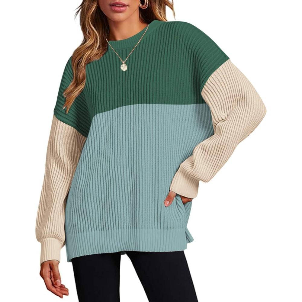 imageZeagoo Women 2026 Fall Lightweight Oversized Sweater Crew Neck Long Sleeve Color Block Pullover Rib Knit Blouse Tops XS2XLBlue Green