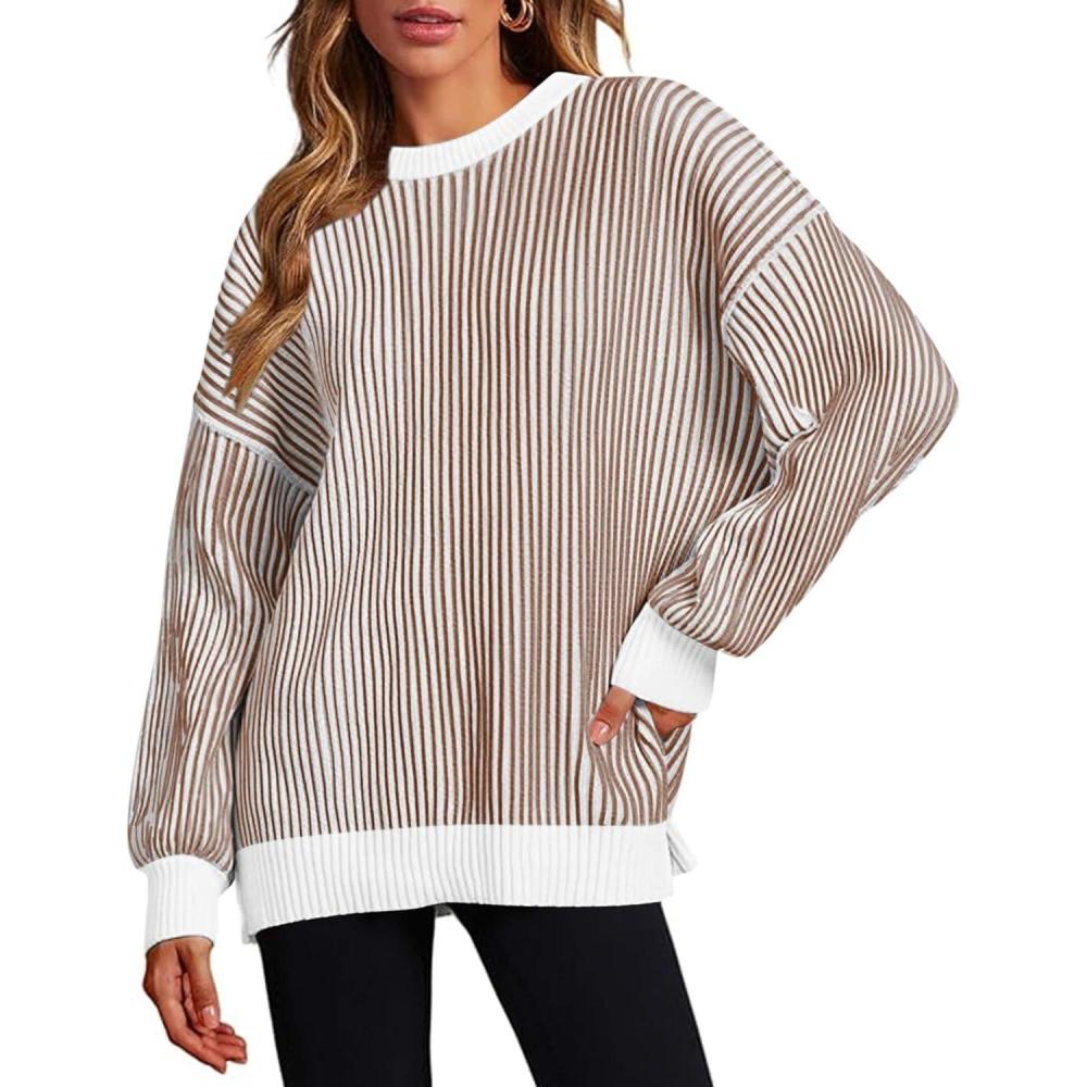 imageZeagoo Women 2026 Fall Lightweight Oversized Sweater Crew Neck Long Sleeve Color Block Pullover Rib Knit Blouse Tops XS2XLBrown