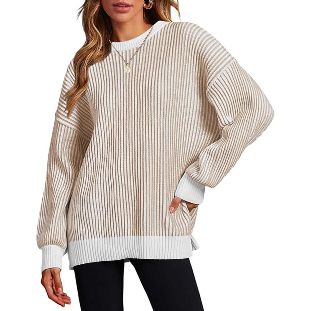 imageZeagoo Women 2026 Fall Lightweight Oversized Sweater Crew Neck Long Sleeve Color Block Pullover Rib Knit Blouse Tops XS2XLBrown Khaki
