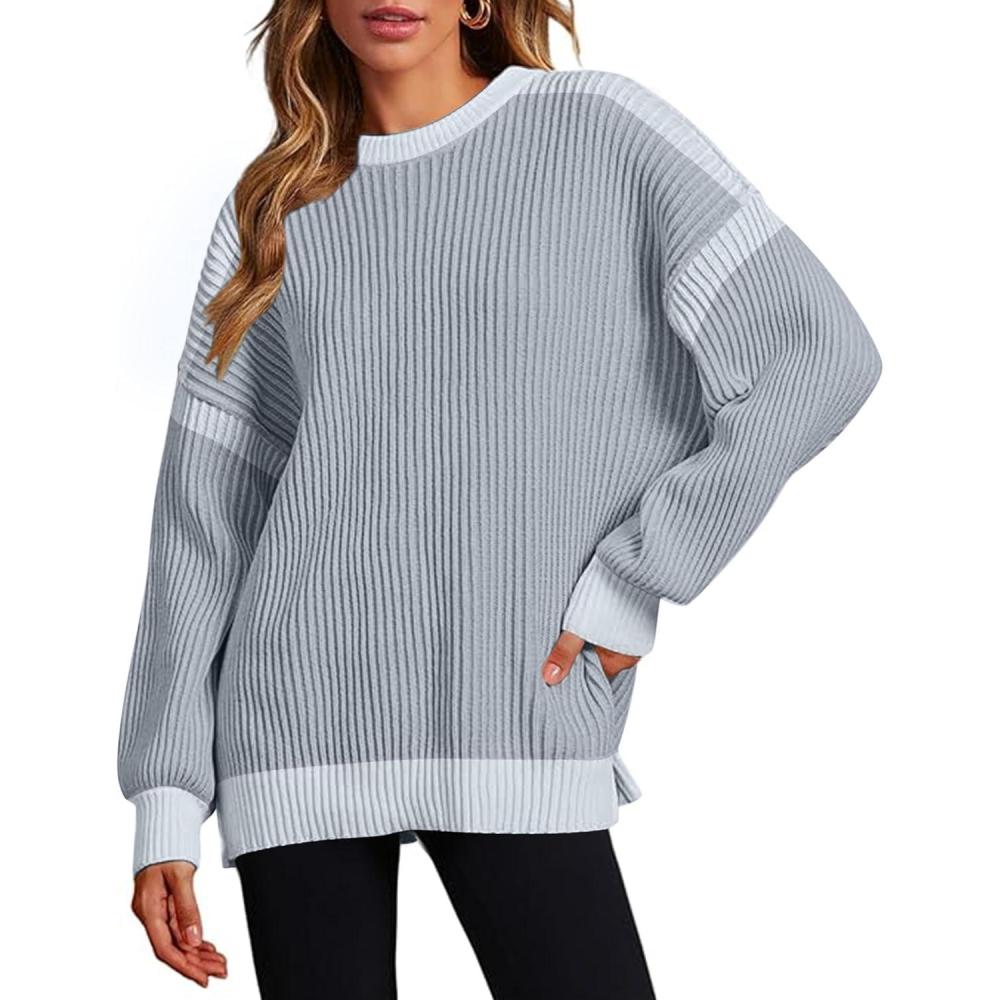 imageZeagoo Women 2026 Fall Lightweight Oversized Sweater Crew Neck Long Sleeve Color Block Pullover Rib Knit Blouse Tops XS2XLGray Color Blocked