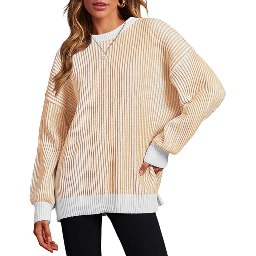 imageZeagoo Women 2026 Fall Lightweight Oversized Sweater Crew Neck Long Sleeve Color Block Pullover Rib Knit Blouse Tops XS2XLKhaki