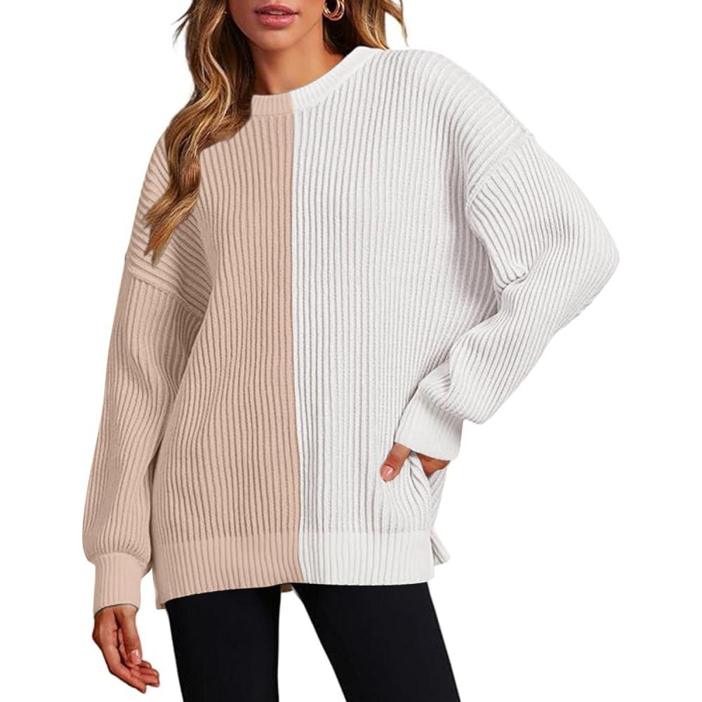 imageZeagoo Women 2026 Fall Lightweight Oversized Sweater Crew Neck Long Sleeve Color Block Pullover Rib Knit Blouse Tops XS2XLKhaki Gray
