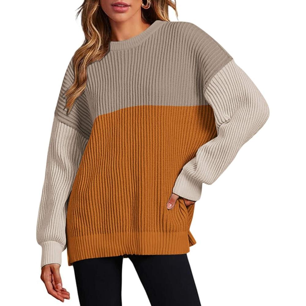 imageZeagoo Women 2026 Fall Lightweight Oversized Sweater Crew Neck Long Sleeve Color Block Pullover Rib Knit Blouse Tops XS2XLKhaki Orange