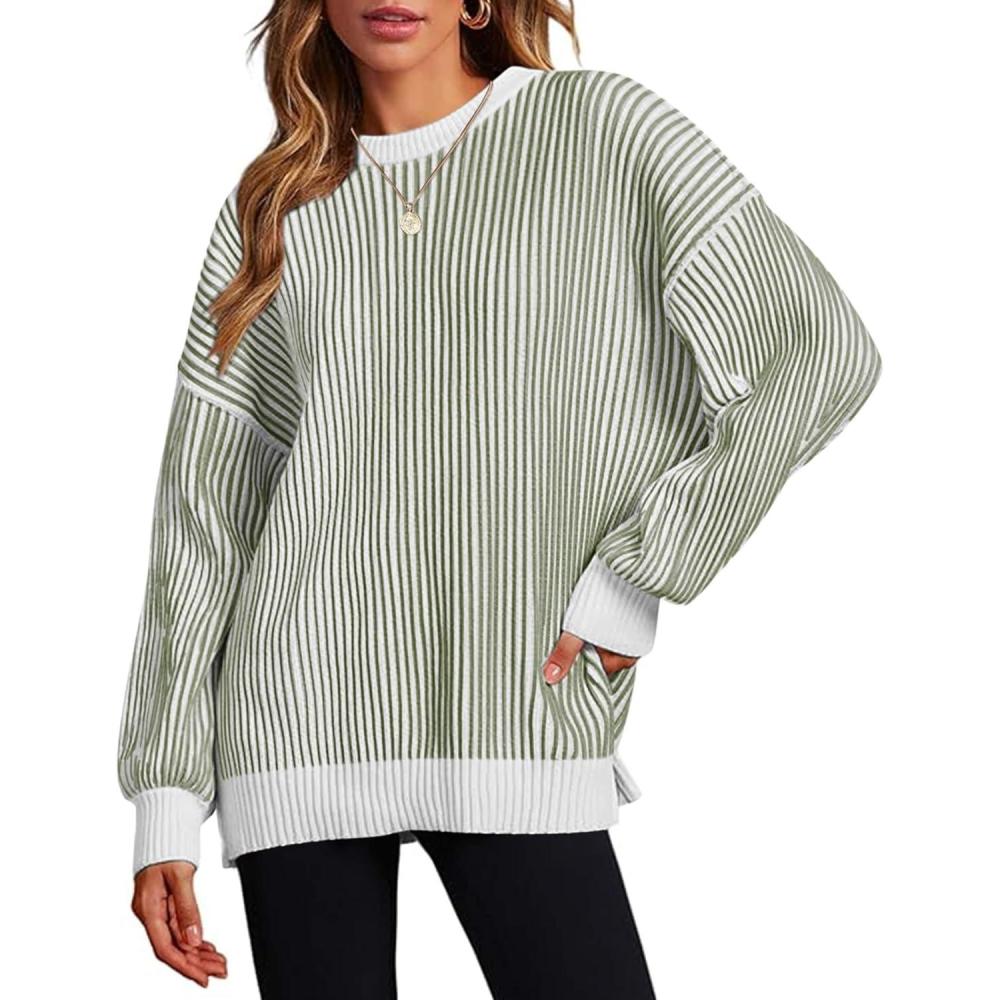 imageZeagoo Women 2026 Fall Lightweight Oversized Sweater Crew Neck Long Sleeve Color Block Pullover Rib Knit Blouse Tops XS2XLLightgreen