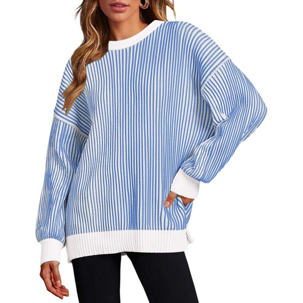 imageZeagoo Women 2026 Fall Lightweight Oversized Sweater Crew Neck Long Sleeve Color Block Pullover Rib Knit Blouse Tops XS2XLNavy Blue