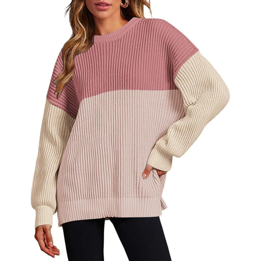 imageZeagoo Women 2026 Fall Lightweight Oversized Sweater Crew Neck Long Sleeve Color Block Pullover Rib Knit Blouse Tops XS2XLPink Khaki