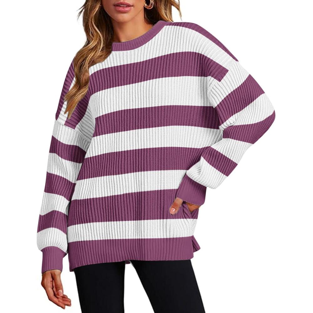 imageZeagoo Women 2026 Fall Lightweight Oversized Sweater Crew Neck Long Sleeve Color Block Pullover Rib Knit Blouse Tops XS2XLPink White Stripe