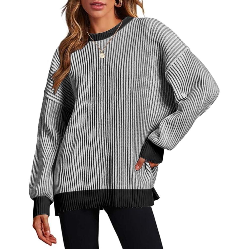 imageZeagoo Women 2026 Fall Lightweight Oversized Sweater Crew Neck Long Sleeve Color Block Pullover Rib Knit Blouse Tops XS2XLRe Black