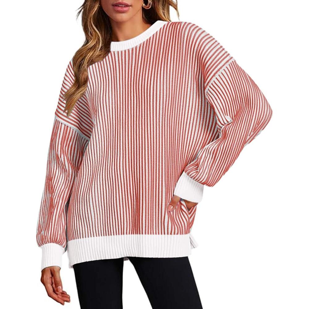 imageZeagoo Women 2026 Fall Lightweight Oversized Sweater Crew Neck Long Sleeve Color Block Pullover Rib Knit Blouse Tops XS2XLRed