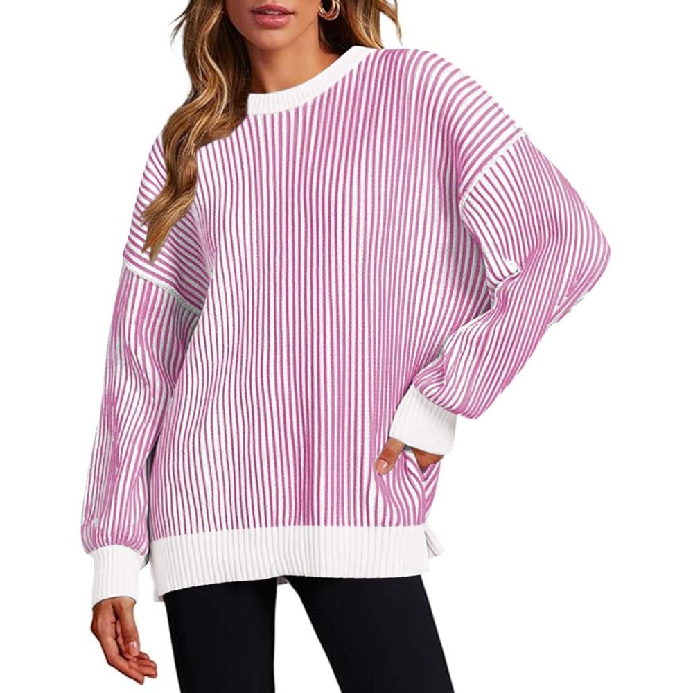 imageZeagoo Women 2026 Fall Lightweight Oversized Sweater Crew Neck Long Sleeve Color Block Pullover Rib Knit Blouse Tops XS2XLRose Red