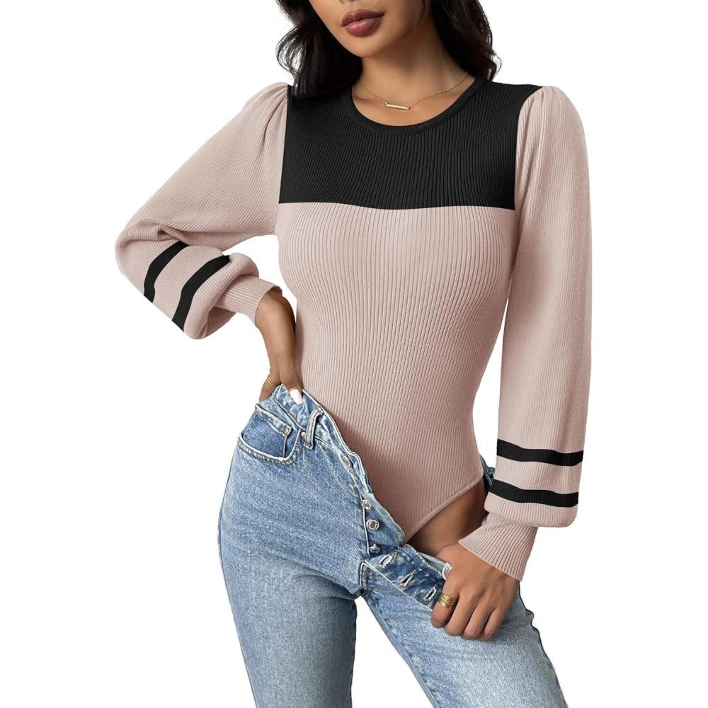 imageZeagoo Women 2026 Long Puff Sleeve Sweater Fall Slim Fit Pullover Tops Crewneck Ribbed Knit Bodysuit JumpsuitApricot Black Stripe