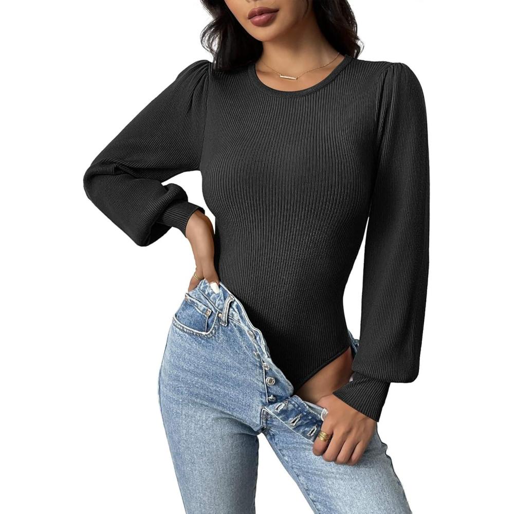 imageZeagoo Women 2026 Long Puff Sleeve Sweater Fall Slim Fit Pullover Tops Crewneck Ribbed Knit Bodysuit JumpsuitBlack