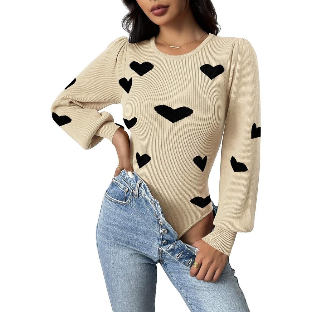 imageZeagoo Women 2026 Long Puff Sleeve Sweater Fall Slim Fit Pullover Tops Crewneck Ribbed Knit Bodysuit JumpsuitBlack Heart