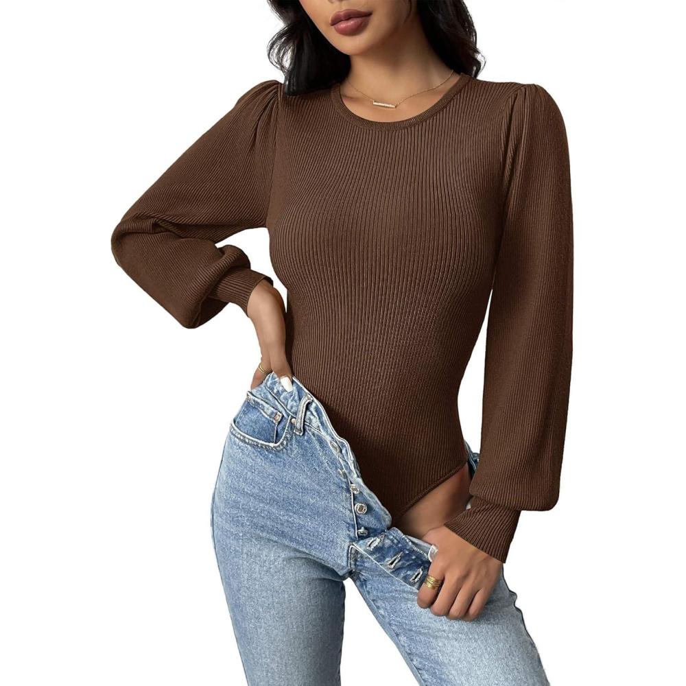 imageZeagoo Women 2026 Long Puff Sleeve Sweater Fall Slim Fit Pullover Tops Crewneck Ribbed Knit Bodysuit JumpsuitBrown