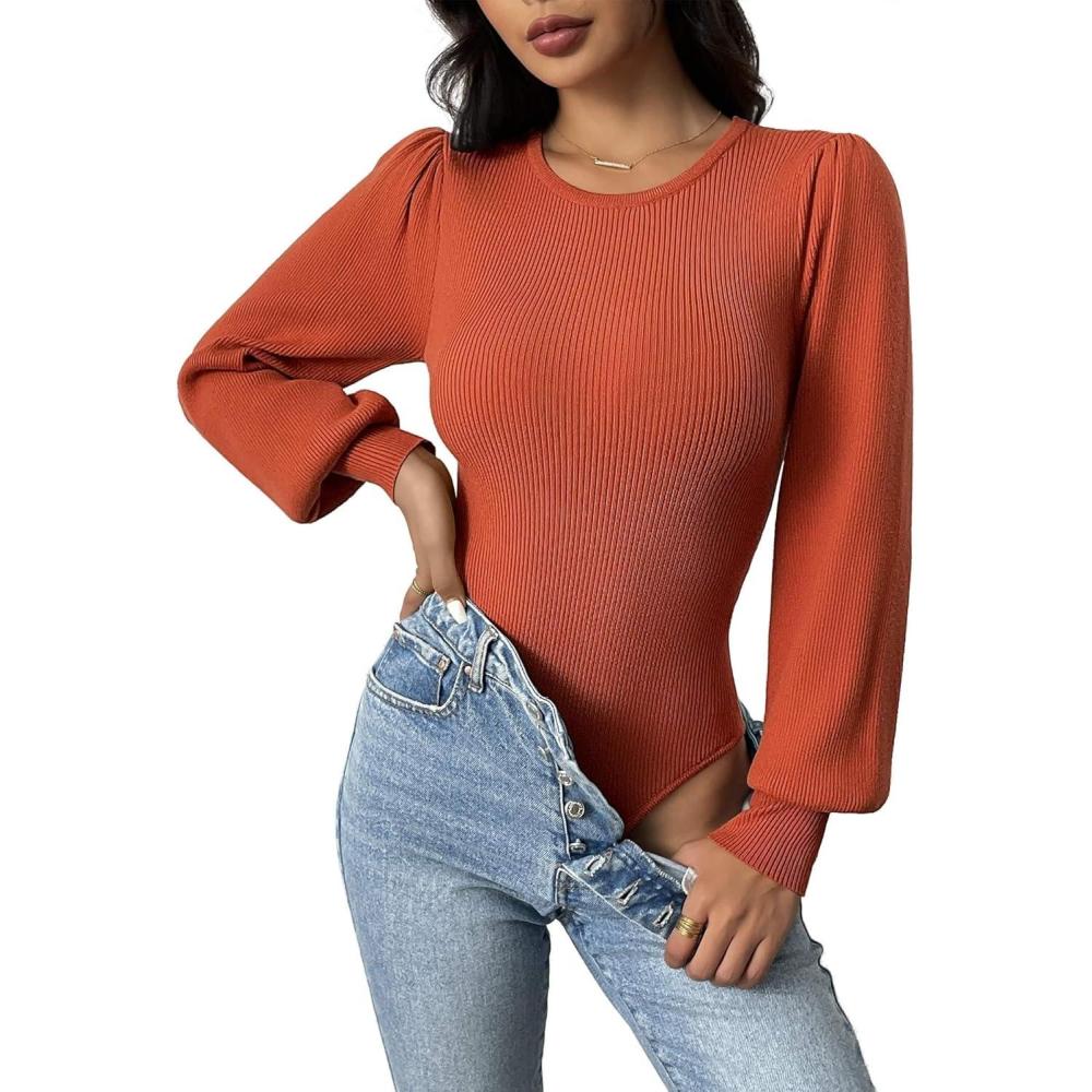 imageZeagoo Women 2026 Long Puff Sleeve Sweater Fall Slim Fit Pullover Tops Crewneck Ribbed Knit Bodysuit JumpsuitCaramel
