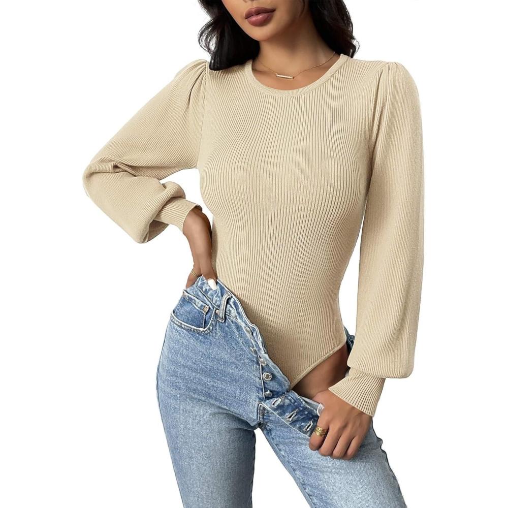 imageZeagoo Women 2026 Long Puff Sleeve Sweater Fall Slim Fit Pullover Tops Crewneck Ribbed Knit Bodysuit JumpsuitCoffee