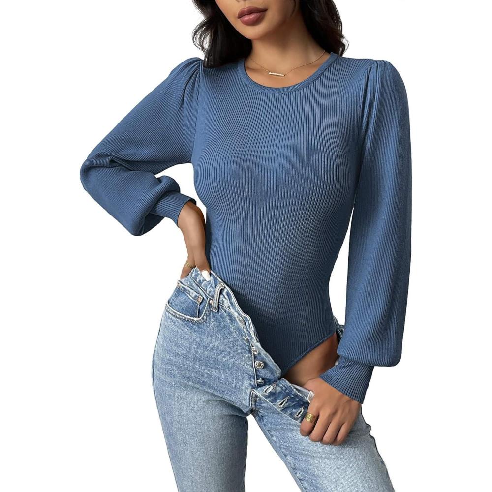 imageZeagoo Women 2026 Long Puff Sleeve Sweater Fall Slim Fit Pullover Tops Crewneck Ribbed Knit Bodysuit JumpsuitNavy Blue