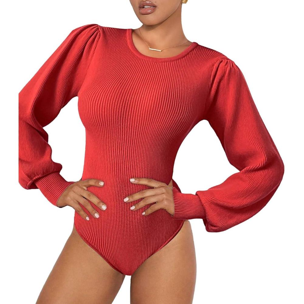 imageZeagoo Women 2026 Long Puff Sleeve Sweater Fall Slim Fit Pullover Tops Crewneck Ribbed Knit Bodysuit JumpsuitRed