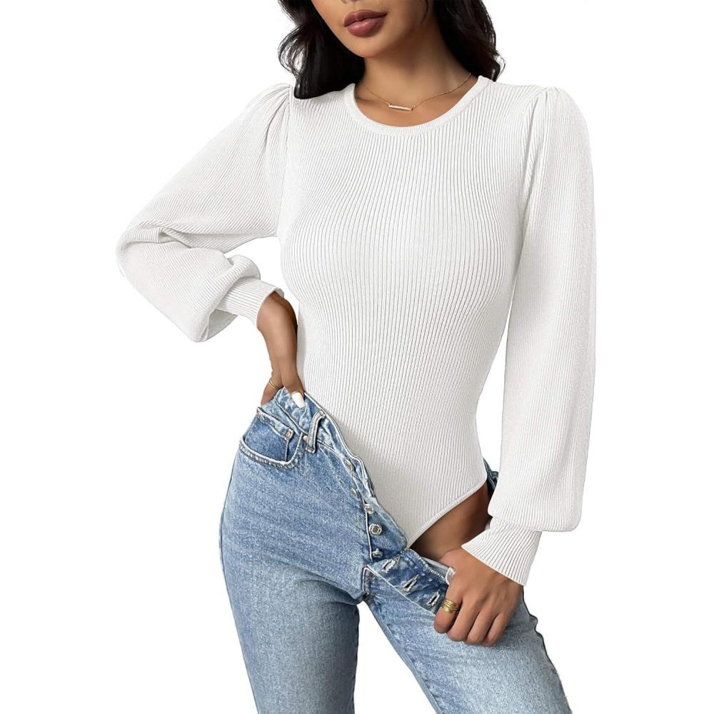 imageZeagoo Women 2026 Long Puff Sleeve Sweater Fall Slim Fit Pullover Tops Crewneck Ribbed Knit Bodysuit JumpsuitWhite
